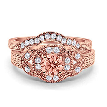 Two Piece Wedding Art Deco Rose Tone, Simulated Morganite CZ 925 Sterling Silver